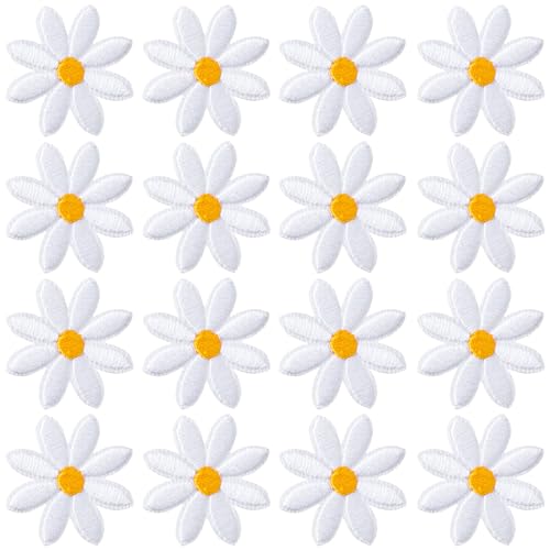 PAGOW 16 Stück Blumen zum Aufbügeln, weiße Gänseblümchen, Applikation für Kleidung, bestickte Blumenapplikation für Taschen, Jeans, Hemden (weiß, 3 x 3 cm) von PAGOW