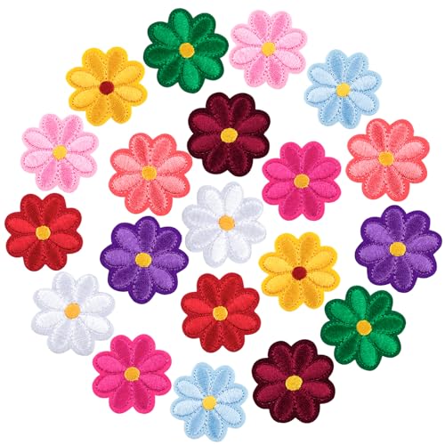 PAGOW 20 Stück Blumen-Aufnäher zum Aufbügeln, niedliche Gänseblümchen-Applikation, bestickte Applikation zum Aufnähen für Taschen, Jacken, Jeans, Kleidung (10 Farben) von PAGOW