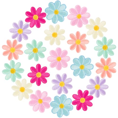 PAGOW 21 Stück Blumen-Aufnäher zum Aufbügeln, niedliche Gänseblümchen-Applikation, bestickte Applikation zum Aufnähen für Taschen, Jacken, Jeans, Kleidung (7 Stile) von PAGOW