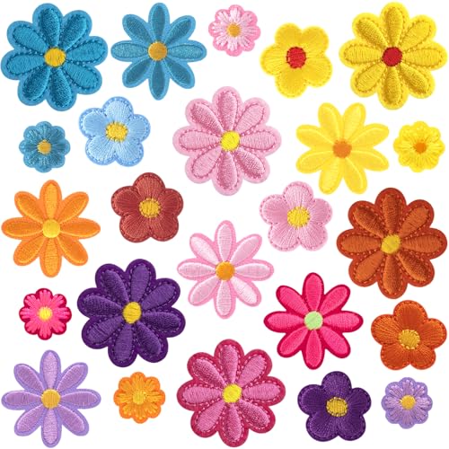 PAGOW 24 Stück Blumen-Aufnäher zum Aufbügeln, niedliche Gänseblümchen-Applikation, bestickte Applikation zum Aufnähen für Taschen, Jacken, Jeans, Kleidung (24 Stile) von PAGOW