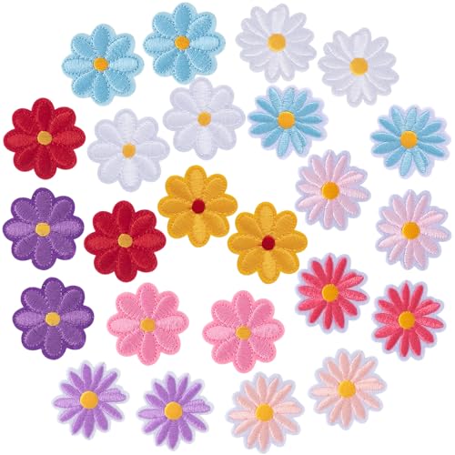 PAGOW 24 Stück Blumen-Aufnäher zum Aufbügeln, niedliche Gänseblümchen-Applikation, zum Aufnähen oder Aufnähen für Taschen, Jacken, Jeans, Kleidung, 12 Farben von PAGOW