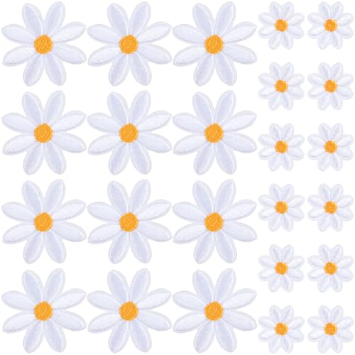 PAGOW 24 Stück Blumen zum Aufbügeln, Gänseblümchen-Applikation für Kleidung, bestickte Blumenapplikation für Taschen, Jeans, Hemden (weiß, 2 Größen) von PAGOW