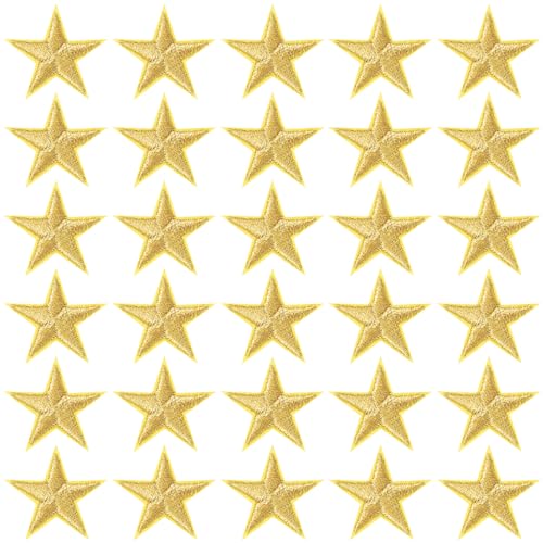PAGOW 30 Stück goldener Stern zum Aufbügeln, 2,5 cm, bestickte Aufnäher zum Aufbügeln, Verzierungen für Kleidung, Hüte, Jacken, Rucksäcke, Stern-Dekoration, DIY-Applikationen (Gold, 2,5 cm) von PAGOW