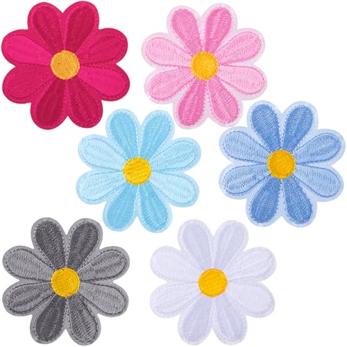 PAGOW 6 x Blumen-Aufnäher zum Aufbügeln, niedliche Blumen-Applikation, zum Aufnähen oder Aufnähen für Taschen, Jacken, Jeans, Kleidung (6 Farben) von PAGOW