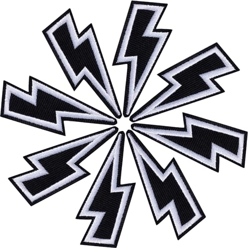 PAGOW 8 Stück Blitz-Bügelbild, bestickte Flicken zum Aufnähen, schwarze Aufbügler für Hüte, Kleidung, Motorradjacken, Rucksäcke, Blitz-Dekoration, DIY-Applikationen (6,3 x 2,5 cm) von PAGOW