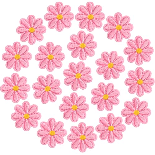 PAGOW Blumen-Aufnäher zum Aufbügeln, niedlich, glänzend, Blumenapplikation, zum Aufnähen, bestickt, zum Aufnähen für Taschen, Jacken, Jeans, Kleidung, DIY-Flicken, 4 x 4 cm (B x H), Rosa, 20 Stück von PAGOW