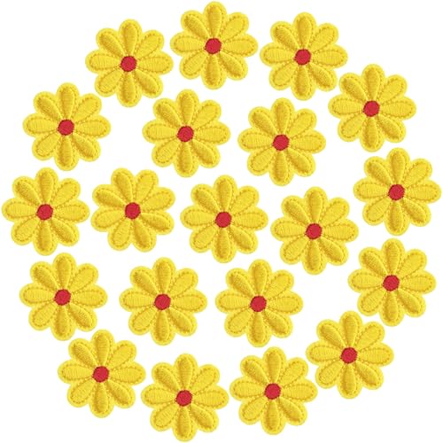 PAGOW Blumen-Aufnäher zum Aufbügeln, niedlich, glänzend, Blumenapplikation, zum Aufnähen auf Taschen, Jacken, Jeans, Kleidung, DIY, 4 x 4 cm (B x H), Gelb, 20 Stück von PAGOW