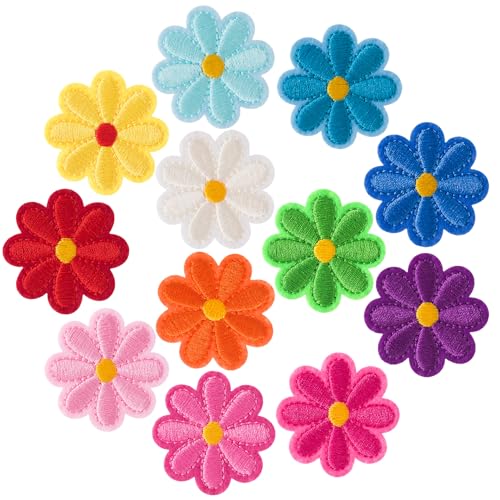 PAGOW Gänseblümchen-Aufnäher zum Aufbügeln, niedliche Blumen-Applikation, zum Aufnähen auf Taschen, Jacken, Jeans, Kleidung (12 Farben), 12 Stück von PAGOW