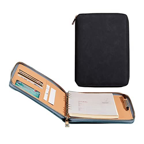 Konferenzmappe A5 Schreibmappe Leder Dokumentenmappe Mit Reißverschluss Geschäfts Organizer Mit Schreibblock Kartenhalter Stifthalter Für Damen Herren(Black) von PAHION