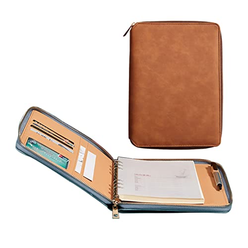 Konferenzmappe A5 Schreibmappe Leder Dokumentenmappe Mit Reißverschluss Geschäfts Organizer Mit Schreibblock Kartenhalter Stifthalter Für Damen Herren(Brown) von PAHION