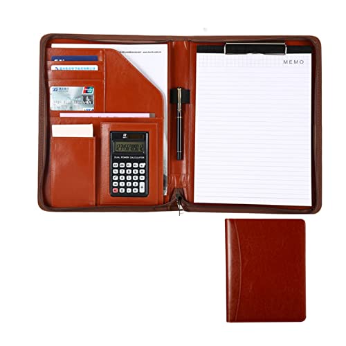 Konferenzmappe Mit Reißverschluss A4 Taschenrechner PU Leder Schreibmappe Klemmbrett Konferenzmappe Padfolio Portfolio Business Dokumentenmappe(Brown) von PAHION