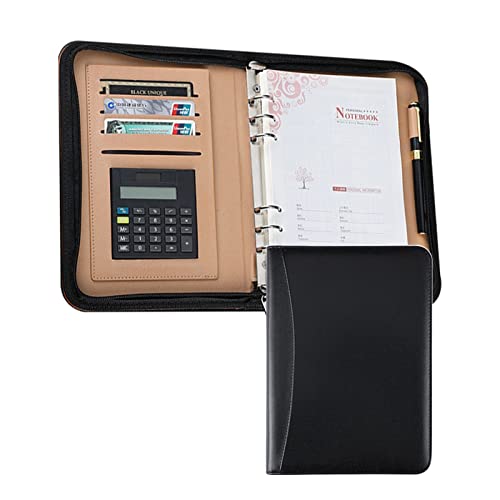 Konferenzmappe Schreibmappe A5 Größe Dokumentenmappe Aus LederMit Taschenrechner Professional Ringbuch Mit Reißverschluss Für Damen Herren(Black) von PAHION