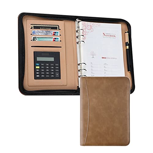 Konferenzmappe Schreibmappe A5 Größe Dokumentenmappe Aus LederMit Taschenrechner Professional Ringbuch Mit Reißverschluss Für Damen Herren(Brown 2) von PAHION