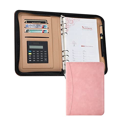 Konferenzmappe Schreibmappe A5 Größe Dokumentenmappe Aus LederMit Taschenrechner Professional Ringbuch Mit Reißverschluss Für Damen Herren(Pink) von PAHION