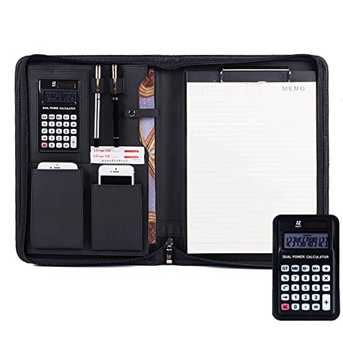 Schreibmappe A4 Dokumentenmappe Konferenzmappe Mit Reißverschluss Professionelle Businessmappe Portfolio Aus Kunstleder Für Damen Und Herren(Black+calculator) von PAHION