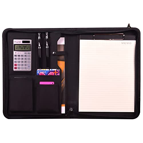 Schreibmappe A4 Dokumentenmappe Konferenzmappe Mit Reißverschluss Professionelle Businessmappe Portfolio Aus Kunstleder Für Damen Und Herren(Black+solar calculator) von PAHION