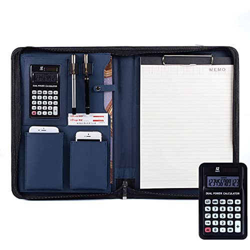 Schreibmappe A4 Dokumentenmappe Konferenzmappe Mit Reißverschluss Professionelle Businessmappe Portfolio Aus Kunstleder Für Damen Und Herren(Blue+calculator) von PAHION