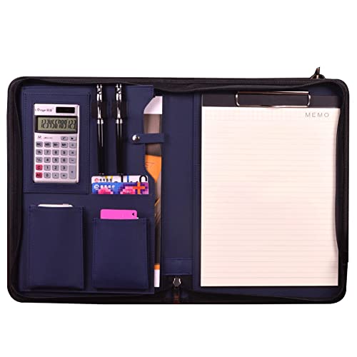 Schreibmappe A4 Dokumentenmappe Konferenzmappe Mit Reißverschluss Professionelle Businessmappe Portfolio Aus Kunstleder Für Damen Und Herren(Blue+solar calculator) von PAHION