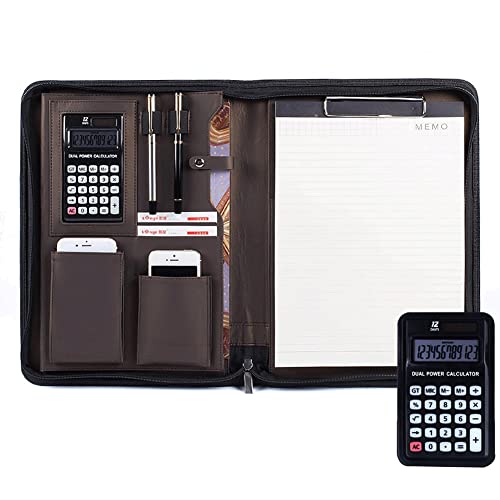 Schreibmappe A4 Dokumentenmappe Konferenzmappe Mit Reißverschluss Professionelle Businessmappe Portfolio Aus Kunstleder Für Damen Und Herren(Brown+calculator) von PAHION