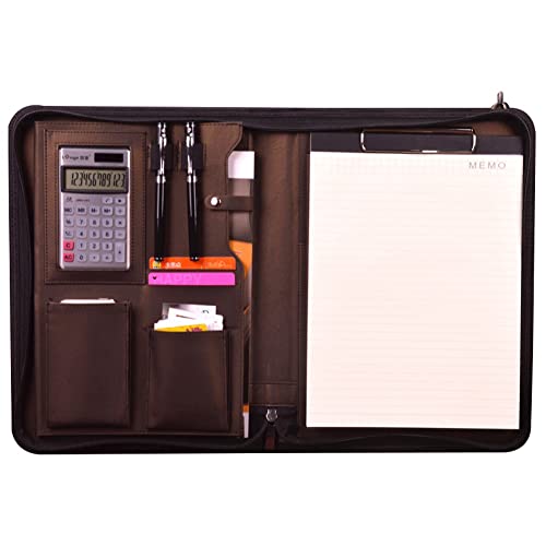 Schreibmappe A4 Dokumentenmappe Konferenzmappe Mit Reißverschluss Professionelle Businessmappe Portfolio Aus Kunstleder Für Damen Und Herren(Brown+solar calculator) von PAHION