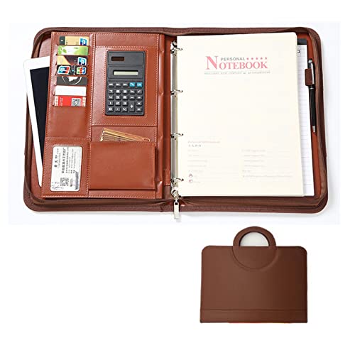 Schreibmappe A4 Konferenzmappe Leder Dokumentenmappe Mit Reißverschluss Geschäfts Organizer Buch Mit Nachfüllbar Schreibblock Und Taschenrechner Für Damen Herren(Brown+8-digit calculator) von PAHION