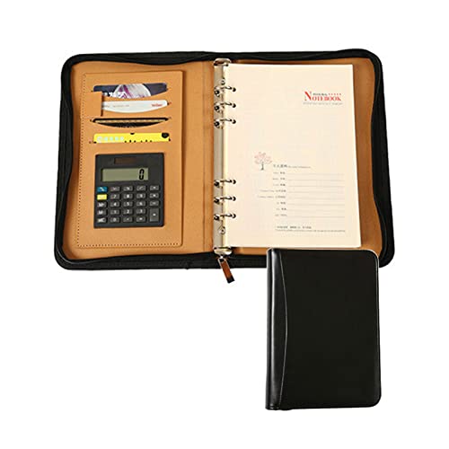 Schreibmappe Mit Reißverschluss Portfolio Padfolio PU Leder Konferenzmappe Dokumentenmappe Businessmappe Ringbuch Mit Taschenrechner Und A5-Notizblock(Black) von PAHION
