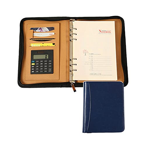 Schreibmappe Mit Reißverschluss Portfolio Padfolio PU Leder Konferenzmappe Dokumentenmappe Businessmappe Ringbuch Mit Taschenrechner Und A5-Notizblock(Blue) von PAHION