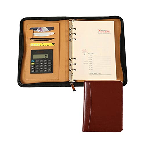 Schreibmappe Mit Reißverschluss Portfolio Padfolio PU Leder Konferenzmappe Dokumentenmappe Businessmappe Ringbuch Mit Taschenrechner Und A5-Notizblock(Brown) von PAHION