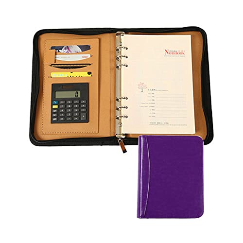 Schreibmappe Mit Reißverschluss Portfolio Padfolio PU Leder Konferenzmappe Dokumentenmappe Businessmappe Ringbuch Mit Taschenrechner Und A5-Notizblock(Purple) von PAHION