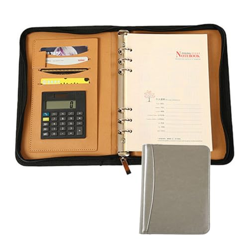 Schreibmappe Mit Reißverschluss Portfolio Padfolio PU Leder Konferenzmappe Dokumentenmappe Businessmappe Ringbuch Mit Taschenrechner Und A5-Notizblock(Silver) von PAHION