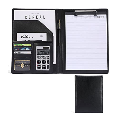 Schreibmappe PU Kunstleder Ordner Mappe Klemmbrettmappe Portfolio Business Dokumentenmappe Mit Taschenrechner Und A4-Notizblock Klemmbrett(Black) von PAHION
