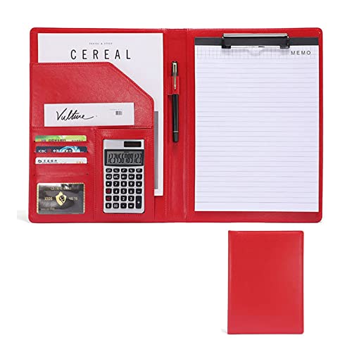 Schreibmappe PU Kunstleder Ordner Mappe Klemmbrettmappe Portfolio Business Dokumentenmappe Mit Taschenrechner Und A4-Notizblock Klemmbrett(Red) von PAHION