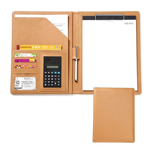 Schreibmappe Portfolio Mit Klemmbrett Padfolio PU Leder Konferenzmappe Dokumentenmappe Mit Taschenrechner Und A4-Notizblock(Gold) von PAHION