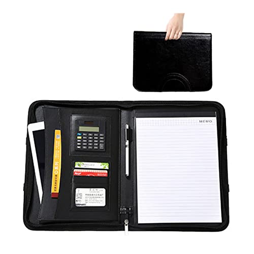 Schreibmappe Reißverschluss Konferenzmappe Portfolio Padfolio PU Leder Dokumentenmappe Businessmappe Mit Taschenrechner Und A4-Notizblock(Black) von PAHION