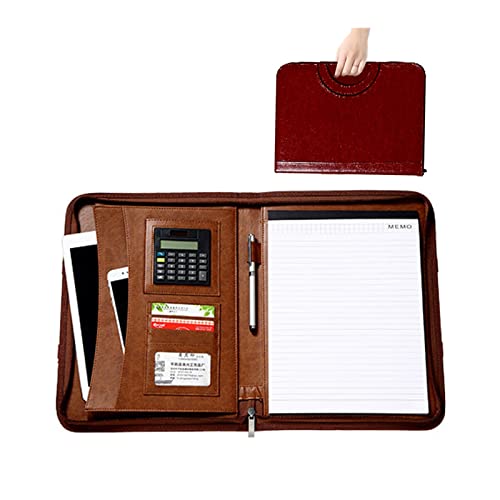 Schreibmappe Reißverschluss Konferenzmappe Portfolio Padfolio PU Leder Dokumentenmappe Businessmappe Mit Taschenrechner Und A4-Notizblock(Brown) von PAHION