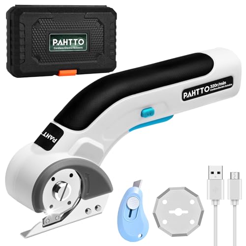 PAHTTO Elektrische Schere Kartonschneider 4V, 320 U/min, Kabellose Rollschneider Universalschneider Akku, mit 2 Elbstschärfenden Klingen und Ladegerät, für Papier, Pappe, Teppich, Leder, Filz, Stoff von PAHTTO