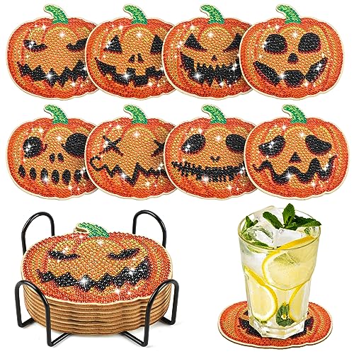 8 Stück DIY Halloween Kürbis Diamond Painting Untersetzer mit Halter，Dekorative Hölzern Untersetzer mit Diamond Painting Kit für Erwachsene Kinder Anfänger von PAIVSUN