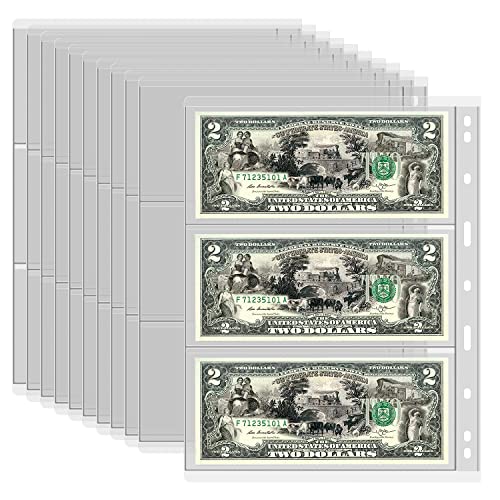 12 Blatt Papiergeld-Sammelzubehörseiten, Währungssammelbuch-Albumhüllen, 36 Taschen-Geldstempel-Seitenhalter für Standard-9-Loch-Münzsammler-Binder, 3 Taschen/Blatt von PAIYULE