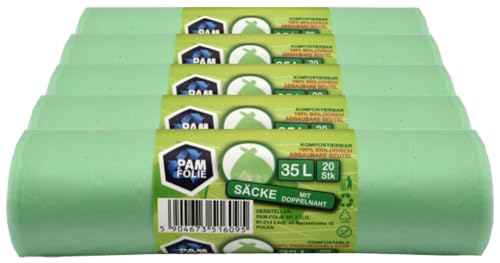 PAM-FOLIE Biomüllbeutel 35L - 100 Stück - Kompostierbare Müllsäcke - 5 Rollen - Biologische, reißfeste Abfallsäcke für Biotonne, Restmülltonne, Küche, Büro, Wohnzimmer PAM-FOLIE Biomüllbeutel 35L - 100 Stück - Kompostierbare Müllsäcke - 5 Rollen - Biologische, reißfeste Abfallsäcke für Biotonne, Restmülltonne, Küche, Büro, Wohnzimmer von PAM-FOLIE