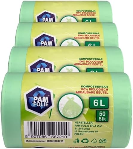 PAM-FOLIE Biomüllbeutel 5-6L - 200 Stück - Kompostierbare Müllsäcke - 4 Rollen - Biologische, reißfeste Abfallsäcke für Biotonne, Restmülltonne, Küche, Büro, Wohnzimmer von PAM-FOLIE