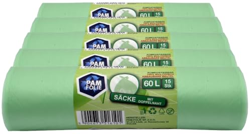 PAM-FOLIE Biomüllbeutel 60L - 75 Stück - Kompostierbare Müllsäcke - 5 Rollen - Biologische, reißfeste Abfallsäcke für Biotonne, Restmülltonne, Küche, Büro, Wohnzimmer PAM-FOLIE Biomüllbeutel 60L - 75 Stück - Kompostierbare Müllsäcke - 5 Rollen - Biologische, reißfeste Abfallsäcke für Biotonne, Restmülltonne, Küche, Büro, Wohnzimmer von PAM-FOLIE