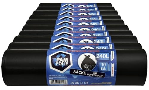 PAM-FOLIE Müllsäcke 240L - 100 Stück - Set- XXL, Dicke, Große Abfallsäcke, Premium - 120x130cm - 45µm - schwarzer Müllbeutel - Säcke für Bauschutt Abfalls - Ideale Säcke für 240-Liter-Behälter von PAM-FOLIE
