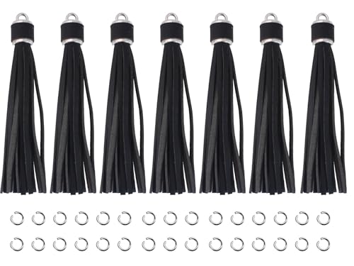 Pamir Tong 12 x Kunstleder-Schlüsselanhänger-Quasten, 10,9 cm, Dekoration, DIY-Charms, elegant, langlebig, Quasten für Schlüsselanhänger, Handybänder, Armbänder, Basteln (Silberkappen, schwarz) von PAMIR TONG