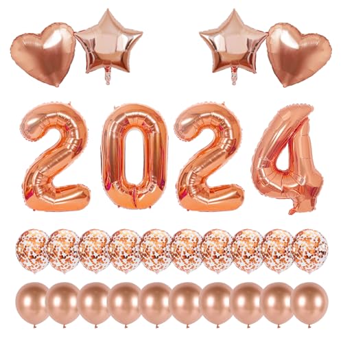 Silvester Deko, PAMIYO Luftballons 2024 Neujahr Silvesterdeko 2024 Folienballons XXL Ballons Happy New Year Deko Roségold Fünfzackigen Stern & Herz Folienballons 18inch Silvester Party Supplies 2024 von PAMIYO