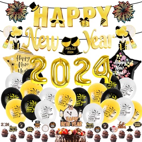 Silvester Deko Set, PAMIYO 2024 Happy New Year Decorations Kit XXL 2024 Folienballon mit Luftballons, Luftschlangen, Latexballons, Neujahrsdeko Geburtstagsdeko Gold Silvester Ballon für Neujahr Deko von PAMIYO
