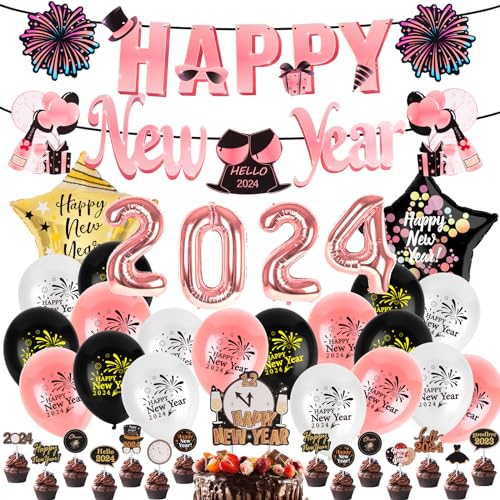 Silvester Deko Set, PAMIYO 2024 Happy New Year Decorations Kit XXL 2024 Folienballon mit Luftballons, Luftschlangen, Latexballons, Neujahrsdeko Rosegold Luftballons Silvester Ballon für Neujahr Deko von PAMIYO