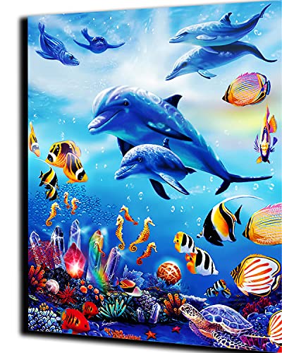 PAMMUQ DIY Ölgemälde Malen nach Zahlen Erwachsene Kinder Unterwasserwelt Delfine und Fische Spielzeug malen Handgemalte Geschenke Zahlenmalerei ab 5 Öl Wandkunst -mit Rahmen von PAMMUQ