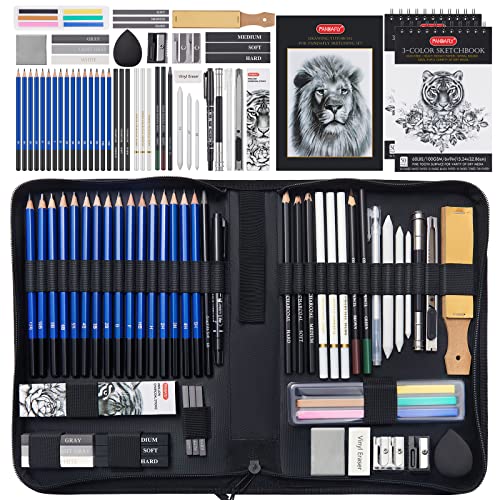 PANDAFLY 60-teiliges Zeichen-Set, Skizzen-Zubehör mit 2 x 50 Seiten, 3-farbiges Skizzenbuch, Graphit, Kohle, Pastellstifte, Profi-Kunst-Zeichen-Set für Erwachsene, Jugendliche, Anfänger, Kinder PANDAFLY 60-teiliges Zeichen-Set, Skizzen-Zubehör mit 2 x 50 Seiten, 3-farbiges Skizzenbuch, Graphit, Kohle, Pastellstifte, Profi-Kunst-Zeichen-Set für Erwachsene, Jugendliche, Anfänger, Kinder von PANDAFLY