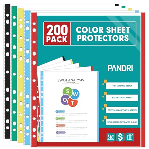 PANDRI 200 Stück farbige robuste Kunststoff-Seitenschutzfolien mit 11 Löchern, passend für 3-Ringordner, passend für Standard-Papier, 21,6 x 28,9 cm, oben geladen, säurefrei von PANDRI