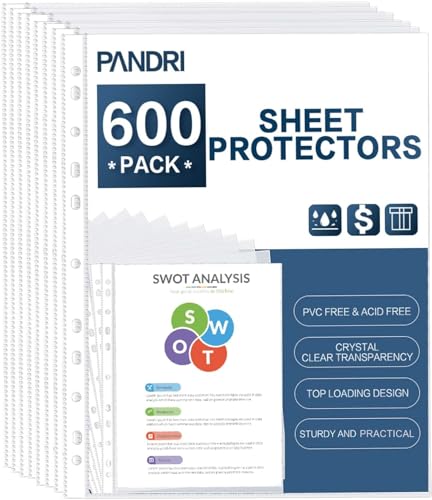 Pandora 600 Stück Klarer, robuster Kunststoff-Seitenschutz, verstärkt, 11 Löcher, passend für 3-Ringbinder, passend für Standard-Papier mit 8,5 x 11, 25 x 11,25 cm, von oben geladen, säurefrei. von PANDRI
